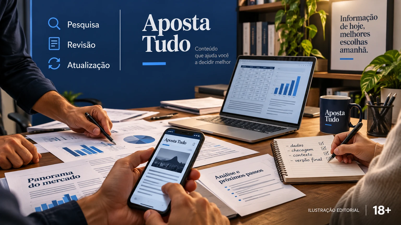 Mesa editorial da Redação Aposta Tudo com fontes, revisão e correções